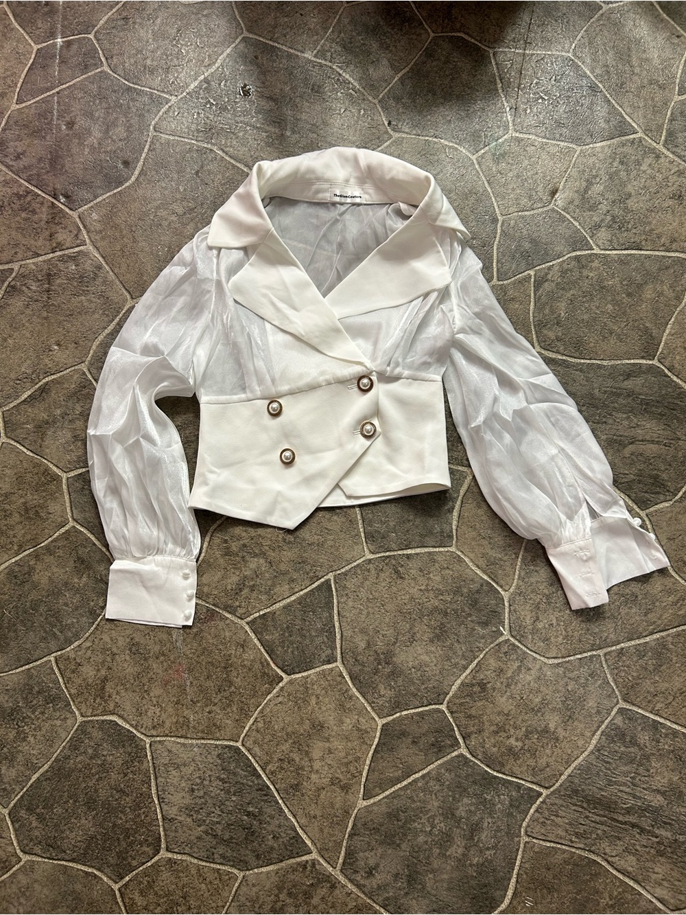 White Cropped Jacket with Sheer Puff Sleeves